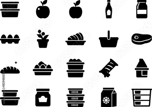 Grocery store food and shopping items black silhouette icons Vector
