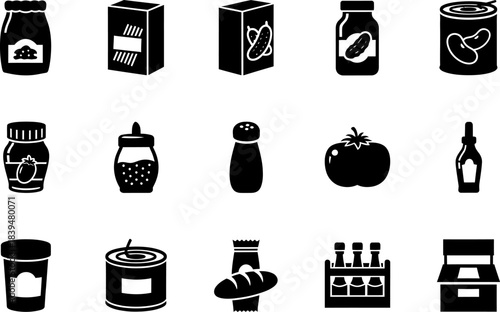 Grocery food and pantry staples silhouettes, everyday items set Vector