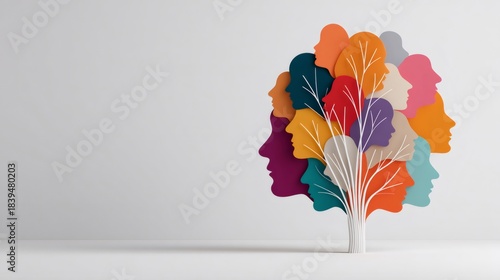 Diverse human faces creating a colorful tree, symbolizing community, identity, and growth on a plain background