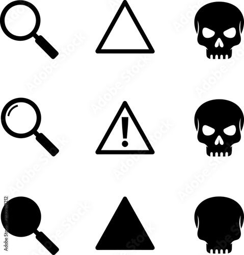 Collection of nine black vector icons: search, warning, and skull. Vector