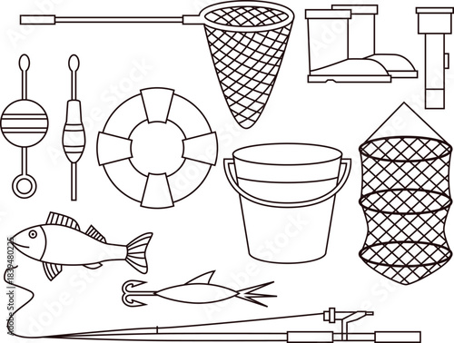 Fishing Gear and Equipment Line Art Icons tools