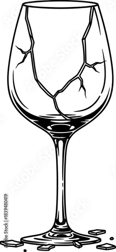 Broken wine glass drawing, damaged stemmed glassware with cracks Vector