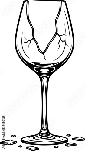 Broken wine glass line art illustration symbolizing fragility Vector