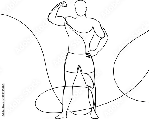 Strong man flexing bicep in modern continuous line art illustration representing fitness and power concept
