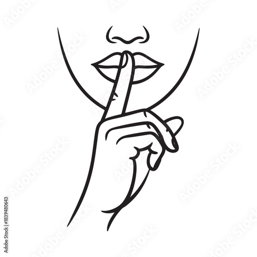 A simple line drawing of a hand signaling silence with a finger to the lips