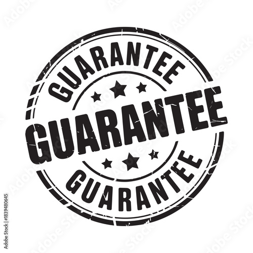 Black guarantee stamp with a circular design and star accents
