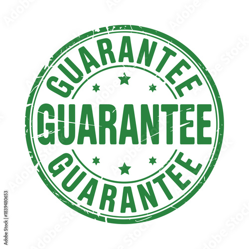 A circular green guarantee stamp with repeated text and star accents