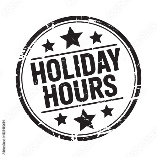 A black stamp displaying the text holiday hours with surrounding stars