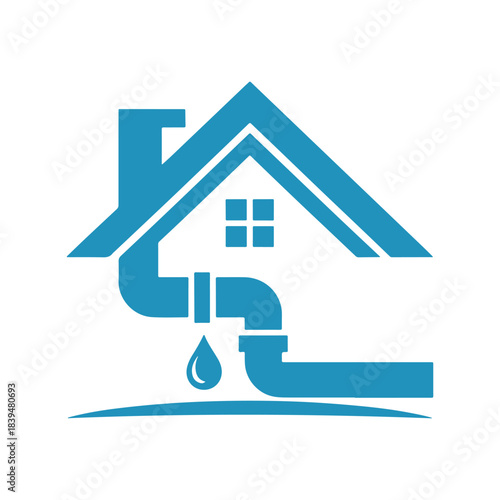 A simple blue icon depicting a house with a leaking pipe