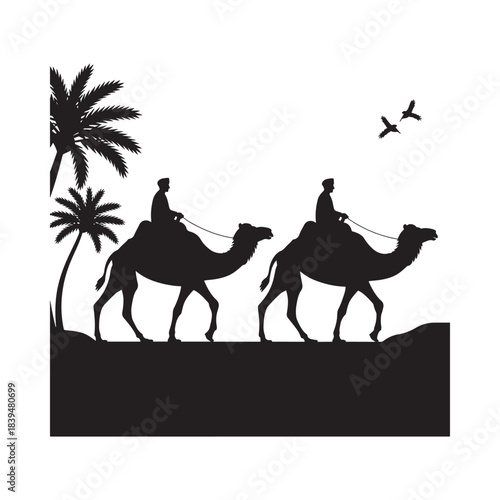 Silhouette of two riders on camels with palm trees and birds
