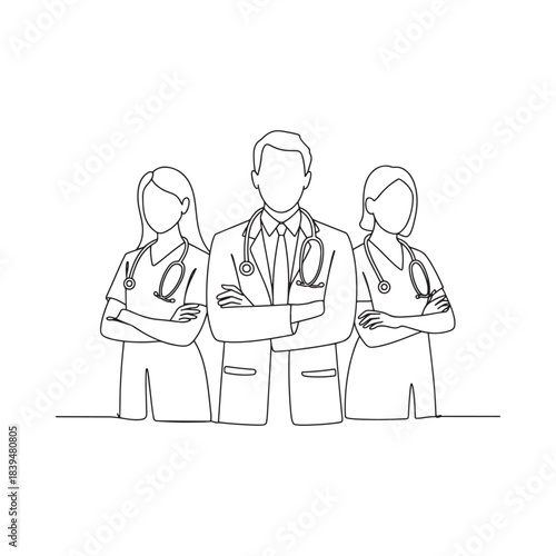 Line art illustration of three medical professionals two women and one man