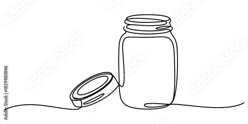 Continuous line drawing of a mason jar with lid isolated on a white background, representing storage and preservation concepts, minimalist art Vector, illustration
