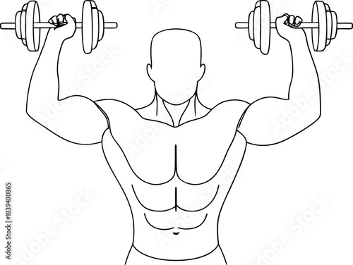 Strong muscular man exercising with heavy dumbbells performing an overhead press workout for fitness and body building line art illustration