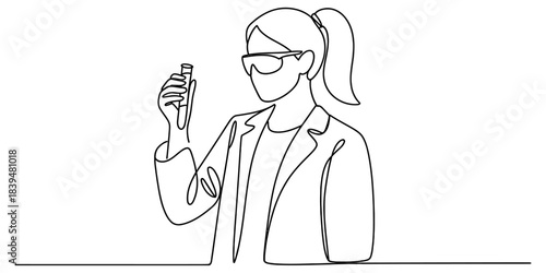 Single continuous line drawing of a female scientist in lab coat and goggles holding a test tube, representing research, discovery, and laboratory work, minimalist style. Vector, illustration