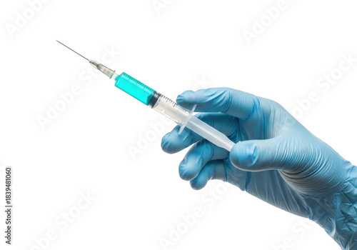 Hand in blue glove holding syringe with blue liquid isolated on transparent background