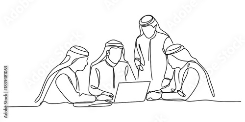 Four arab men in traditional clothing gathered around a laptop, discussing and working together in a minimalist, single-line art illustration style. Vector, illustration