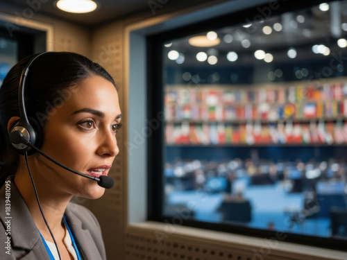 Professional interpreter wearing a headset during a conference translation