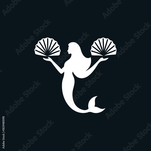 Stylish white mermaid icon on black background ideal for fantasy branding, merch design, and digital illustrations.