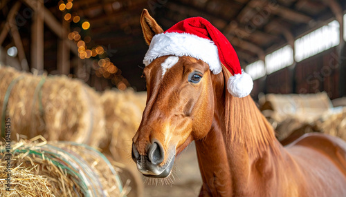 Festive chestnut horse with a Santa hat. AI