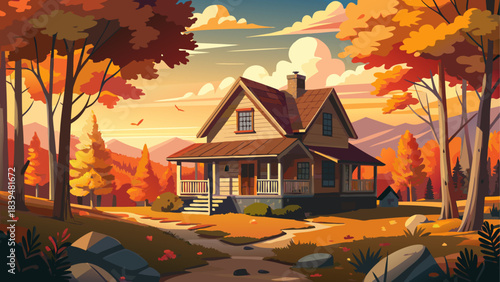 Very beautiful autumn farmhouse resting in a quiet forest clearing, surrounded by glowing maple leaves and warm sunlight. Peaceful rural scenery captures Vermont’s seasonal charm with gentle shadows 