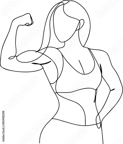 Strong woman flexing bicep in a dynamic minimalist oneline drawing style illustrating female power and fitness