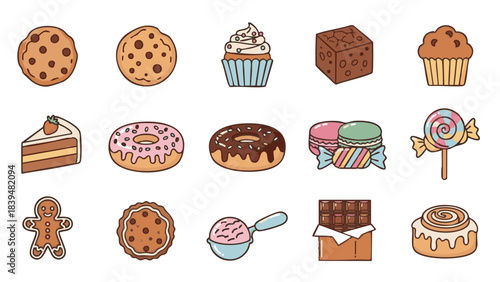 Cute flat vector set of 15 dessert icons including cookie, chocolate chip cookie, cupcake, muffin, brownie, cake slice, whole cake, donut, macaron, candy, lollipop, gingerbread cookie, ice cream