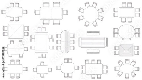 Vector Architectural Top View Dining Furniture Set Featuring Tables and Chairs in Blueprint Outline Style