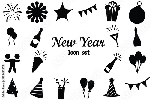  Celebration elements including champagne bottle glasses balloons fireworks and confetti silhouette