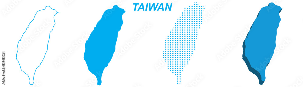 Naklejka premium Taiwan Map Vector Set, Asia Outline Silhouette Dotted 3D Solid Shapes, Taiwan Country Infographic Template, Editable EPS Taiwan Geography