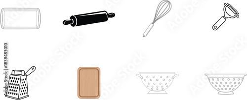 Assorted Kitchen Tools and Utensils Line Art Keywords: tray, rolling pin, whisk, peeler, grater