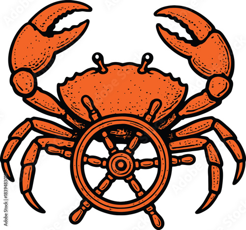 Crab Ship Wheel Nautical Maritime Seafood Vector