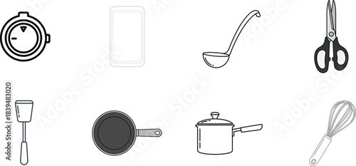 Kitchen Utensil Icons in Outline and Silhouette Keywords: timer, cutting board, ladle, scissors