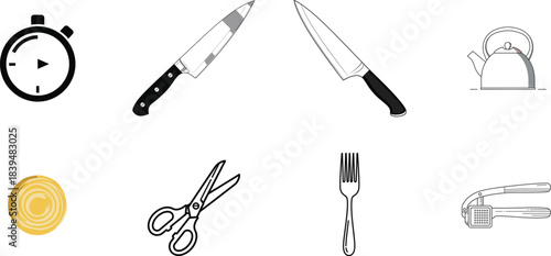 Kitchen Gadgets and Utensils Icons Keywords: stopwatch, chef knife, kitchen knife, scissors