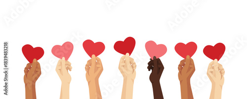 Diverse group of people raising hands holding red hearts. Charity, support, kindness and sicial help. Isolated vector illustration background