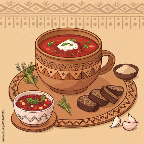 Traditional Ukrainian borscht soup served hot in a rustic earthenware mug with dark rye bread