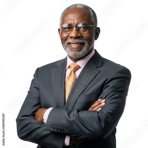 Smiling older black man in suit isolated on transparent background