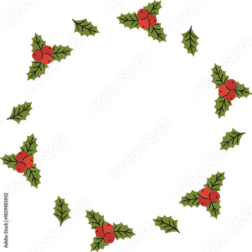 Christmas wreath with holly berry and leaves. Vector illustration.