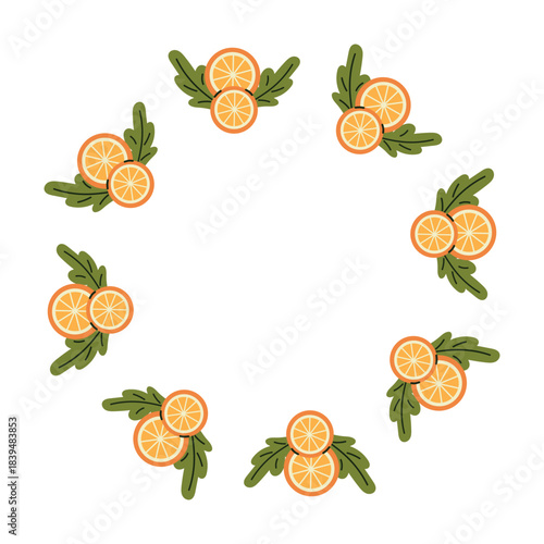 Round frame with mandarins and leaves. Vector illustration design.