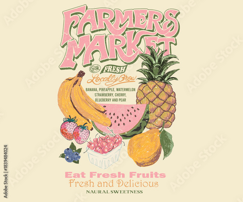 Banana, watermelon, pear, blueberry, pineapple, strawberry, cherry,  artwork. Many fruit in basket. Modern art design. Farmers market poster design.