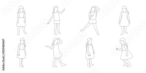 Collection of outline drawings of young girls in diverse poses Vector