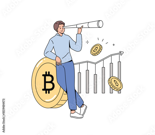 Forecasting Crypto Market Growth. Bitcoin Growth Analysis Illustration. Flat Vector.