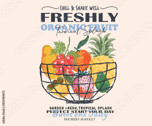 Redcurrant, papaya, redcurrant, lemon, avocado, pineapple, olive artwork. Many fruit in basket. Modern art design. Grocery item.