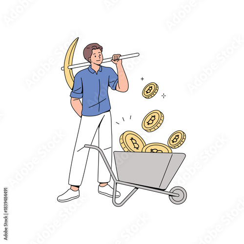 Bitcoin Mining Illustration. Flat Vector.