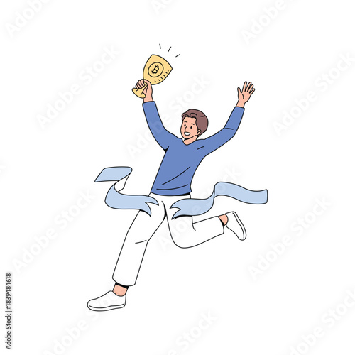 Man Holding Golden Bitcoin Trophy. Cryptocurrency Investment Victory. Flat Vector.