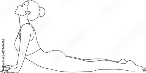 Minimalist line art illustration of a woman practicing the upward facing two dogs yoga pose