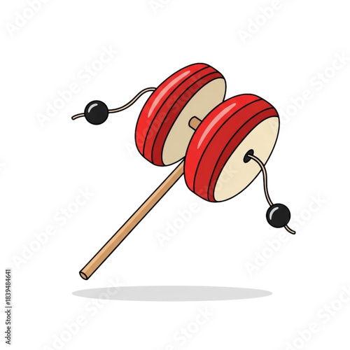 Rattling Drum Toy, Traditional Percussion Instrument, Handheld Musical Toy, Vintage Kids Toy, Colorful Folk Toy, Isolated Vector Illustration