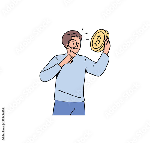 Crypto Coin Examination. Bitcoin value Illustration. Flat Vector.