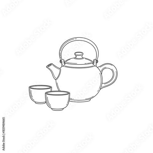 Line Art Tea Set: Vintage Teapot and Cups, Traditional Asian Drinkware, Minimalist Kitchenware Illustration, Ceramic Beverage Vessel, Beverage Ceremony, Clean Design