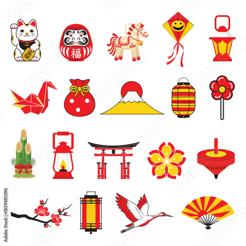 Collection of Traditional Japanese New Year and Cultural Icons Vector Illustration Set in Flat Style