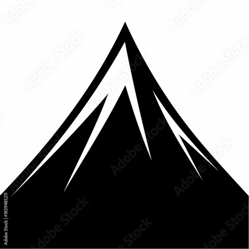 A minimalist black silhouette of a sharp mountain peak with angular lines, set against a stark white background, representing nature's grandeur.
